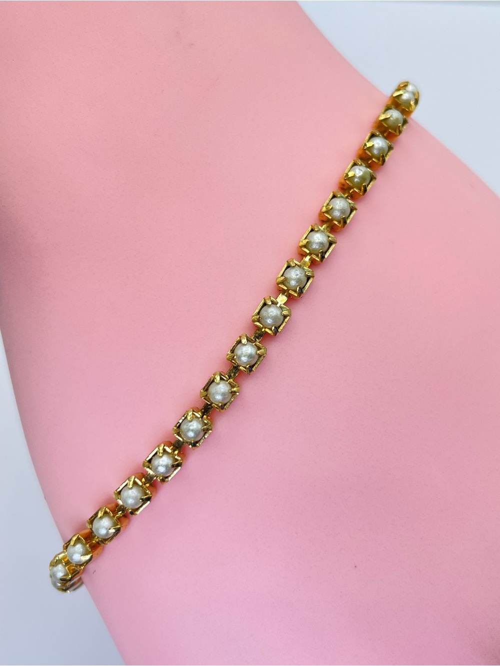 Vintage Gold Tone Faux Pearl Tennis Bracelet Dainty Minimalist Stackable